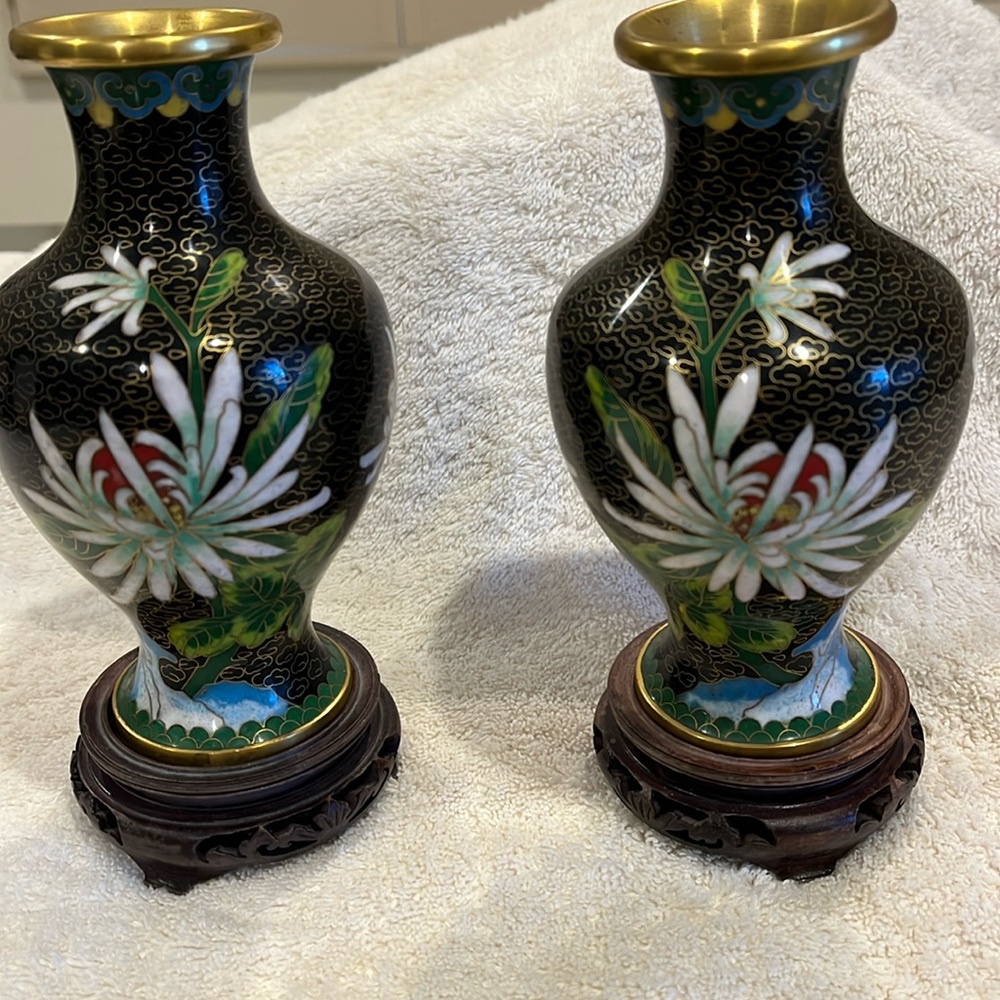 Chinese Asian Cloisonné Black Vases